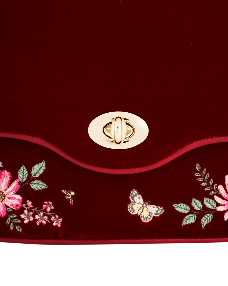 Mary Floral Embroidered Red Velvet Clutch