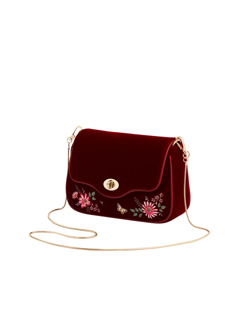 Mary Floral Embroidered Red Velvet Clutch