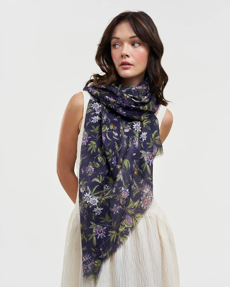 Passion Flower Lightweight Scarf in Navy