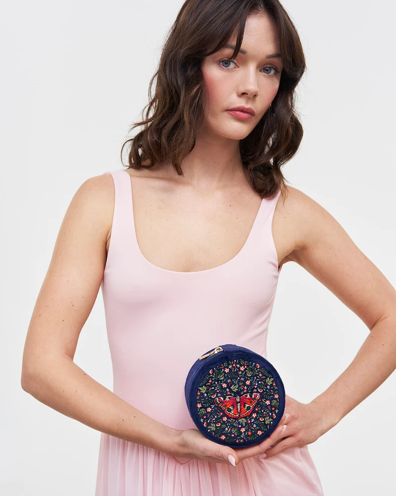 Navy Butterfly Velvet Embroidered Circle Jewellery Box
