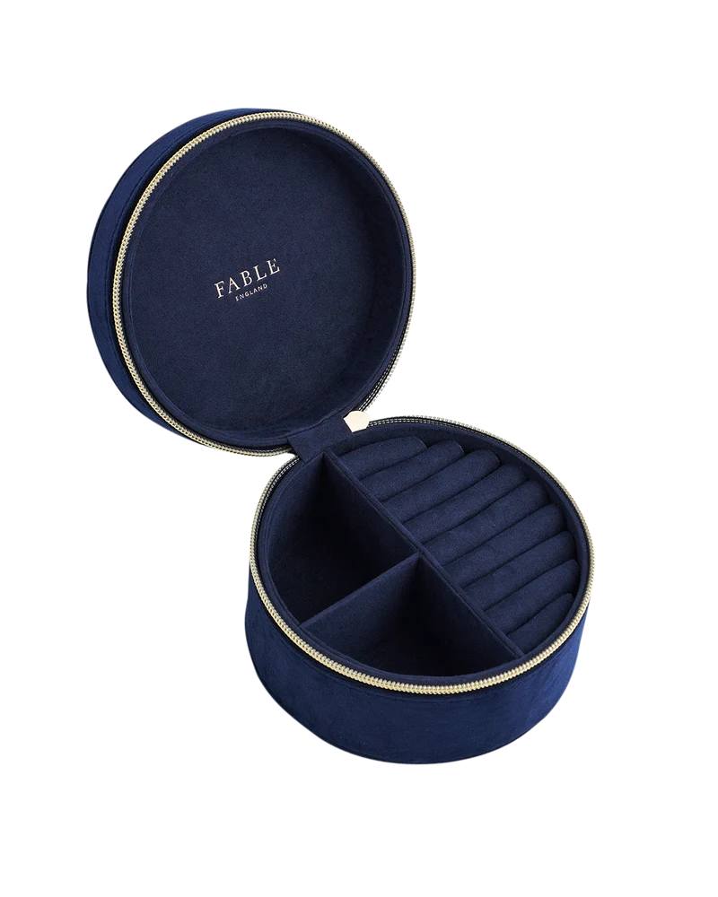 Navy Butterfly Velvet Embroidered Circle Jewellery Box