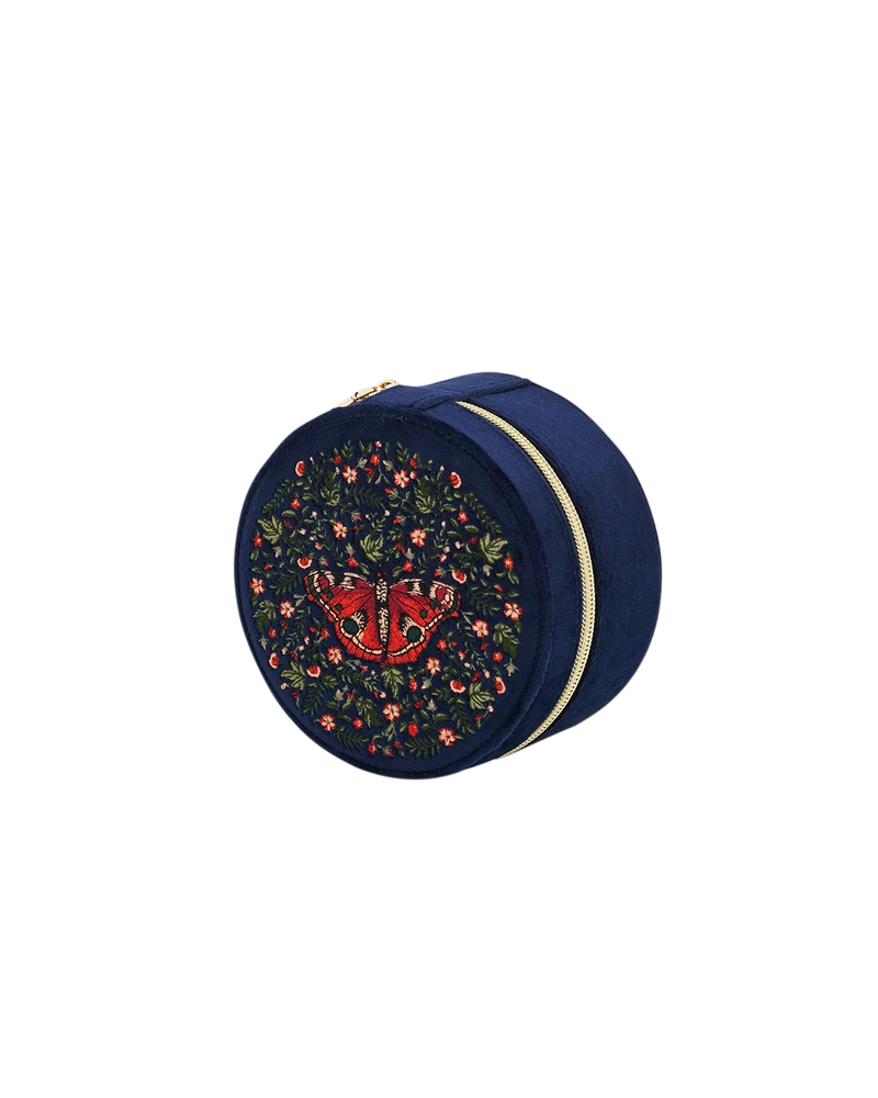 Navy Butterfly Velvet Embroidered Circle Jewellery Box