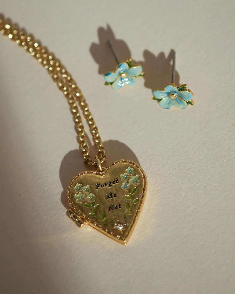 Gold Forget Me Not Heart Locket & Stud Earrings Set