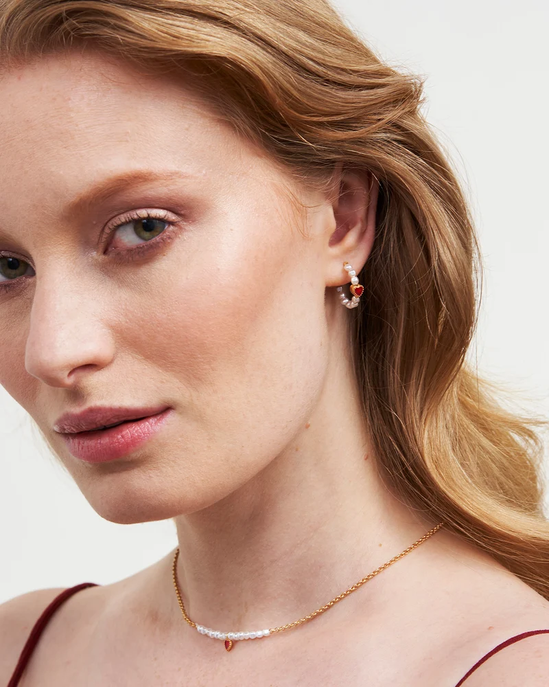 Gold Love Heart Pearl Hoop Earrings