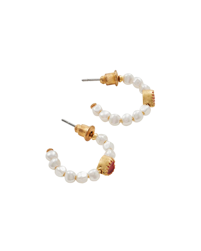 Gold Love Heart Pearl Hoop Earrings