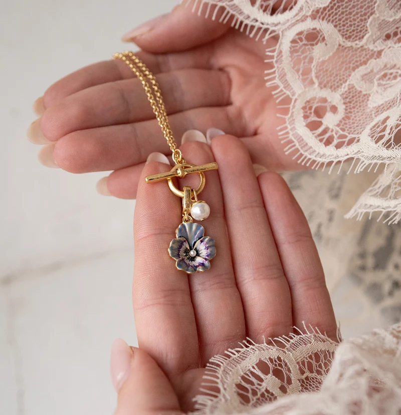Gold Pansy & Pearl Toggle Necklace & Charm Bracelet Set