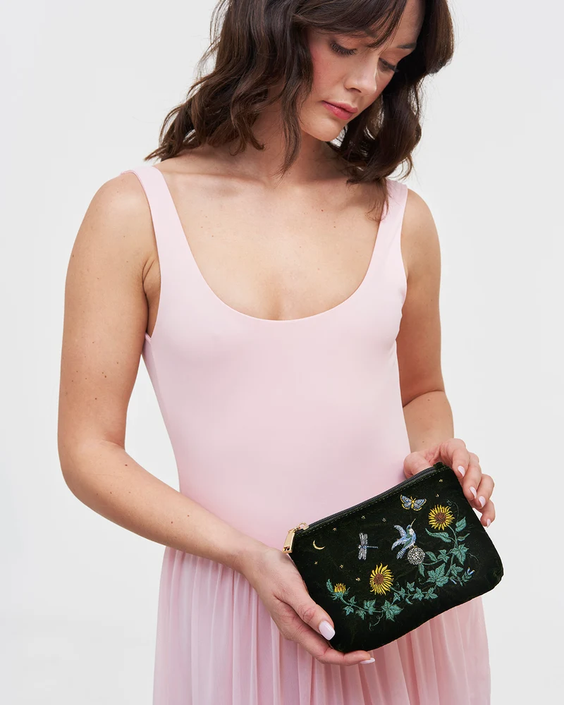 Green Sunflower Velvet Embroidered Pouch