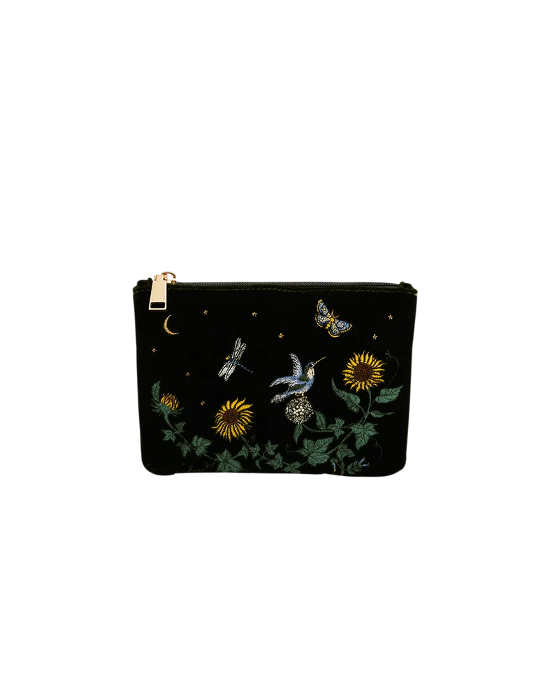 Green Sunflower Velvet Embroidered Pouch