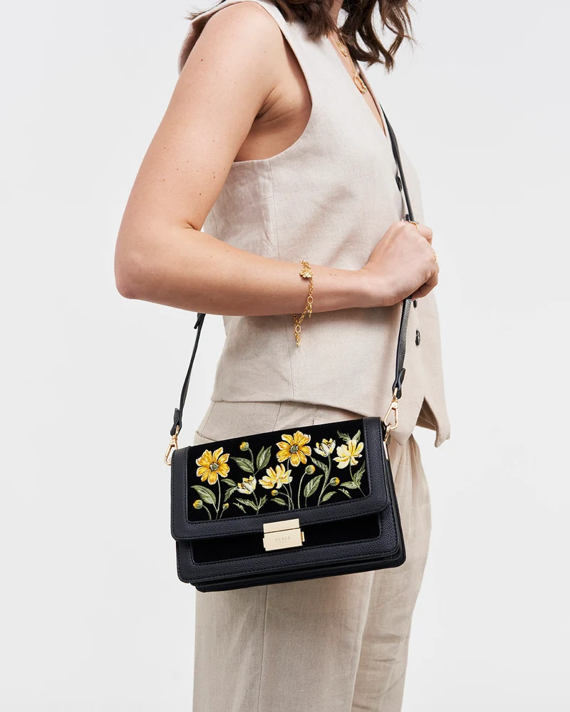 Black Botanical Velvet Embroidered Foldover Bag