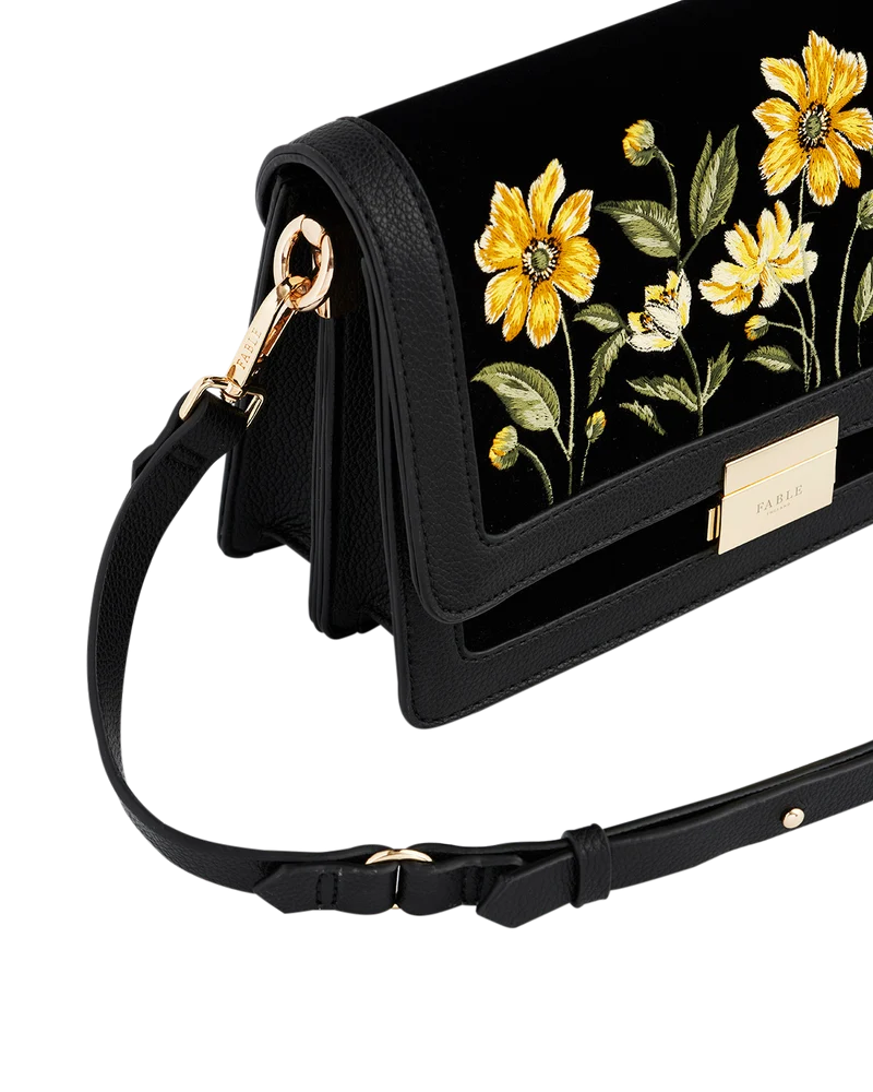 Black Botanical Velvet Embroidered Foldover Bag