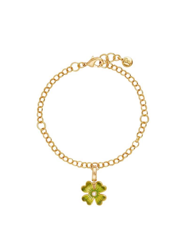 Gold Lucky Clover & Pearl Charm Bracelet