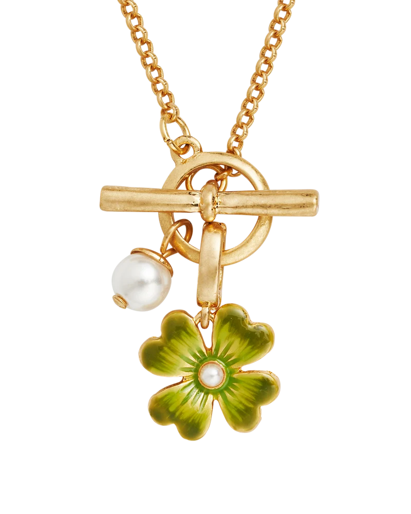 Gold Lucky Clover & Pearl Toggle Necklace