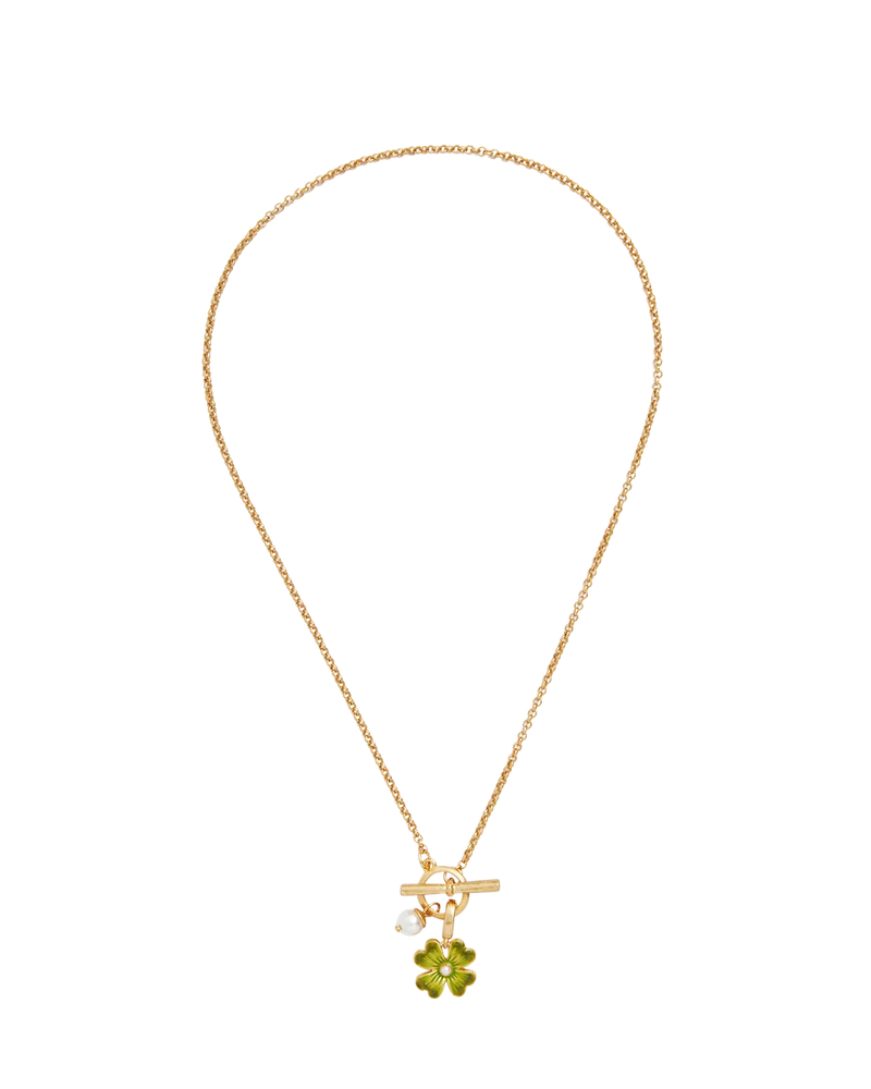 Gold Lucky Clover & Pearl Toggle Necklace