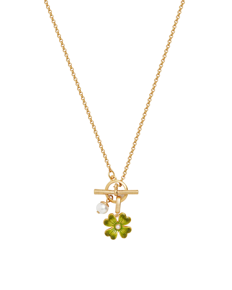 Gold Lucky Clover & Pearl Toggle Necklace