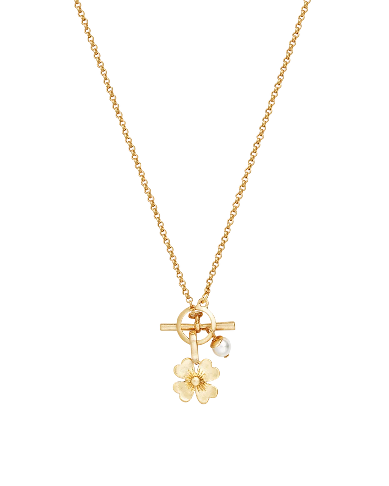 Gold Lucky Clover & Pearl Toggle Necklace