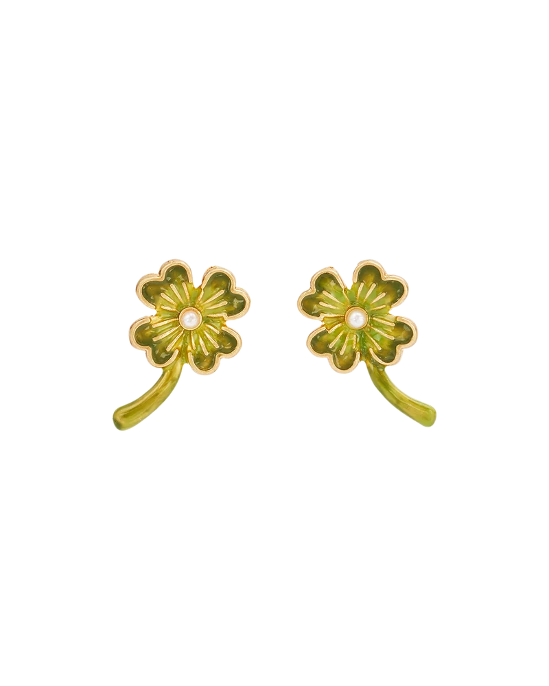 Gold Lucky Clover & Pearl Stud Earrings