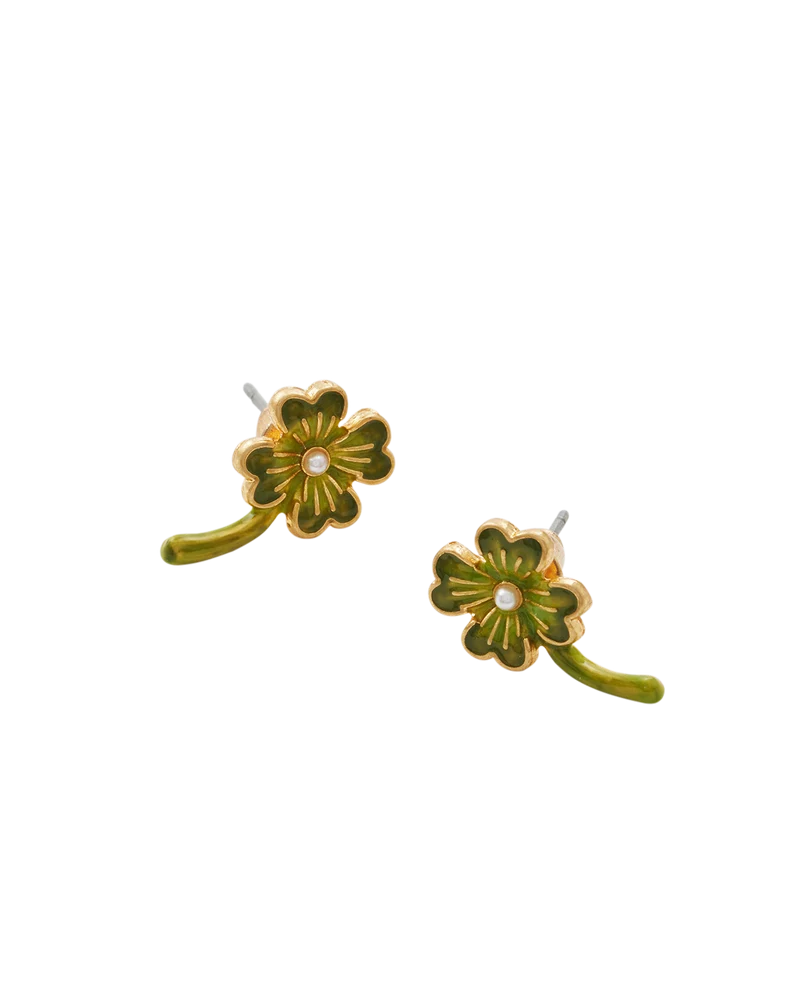 Gold Lucky Clover & Pearl Stud Earrings