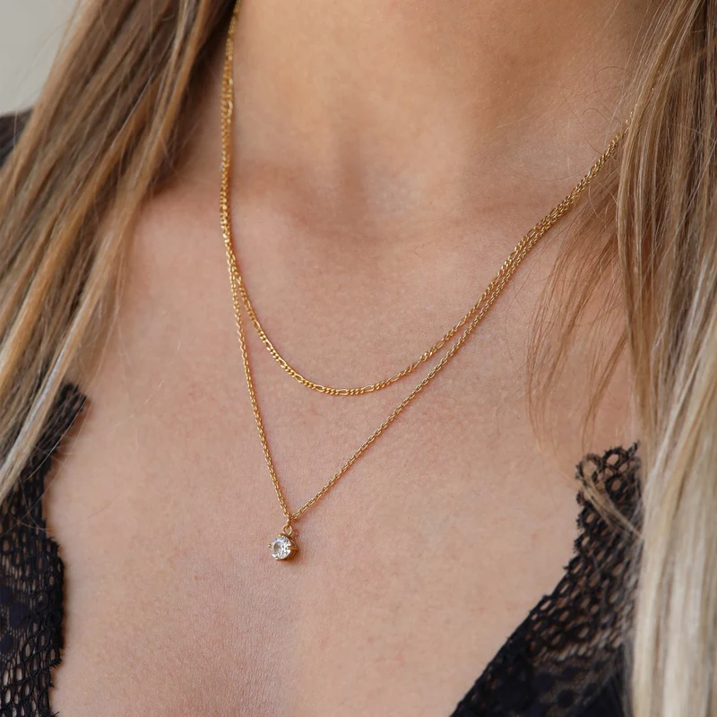 Karma 925 Sterling Silver Figaro Single Zirconia Double Necklace T279GP