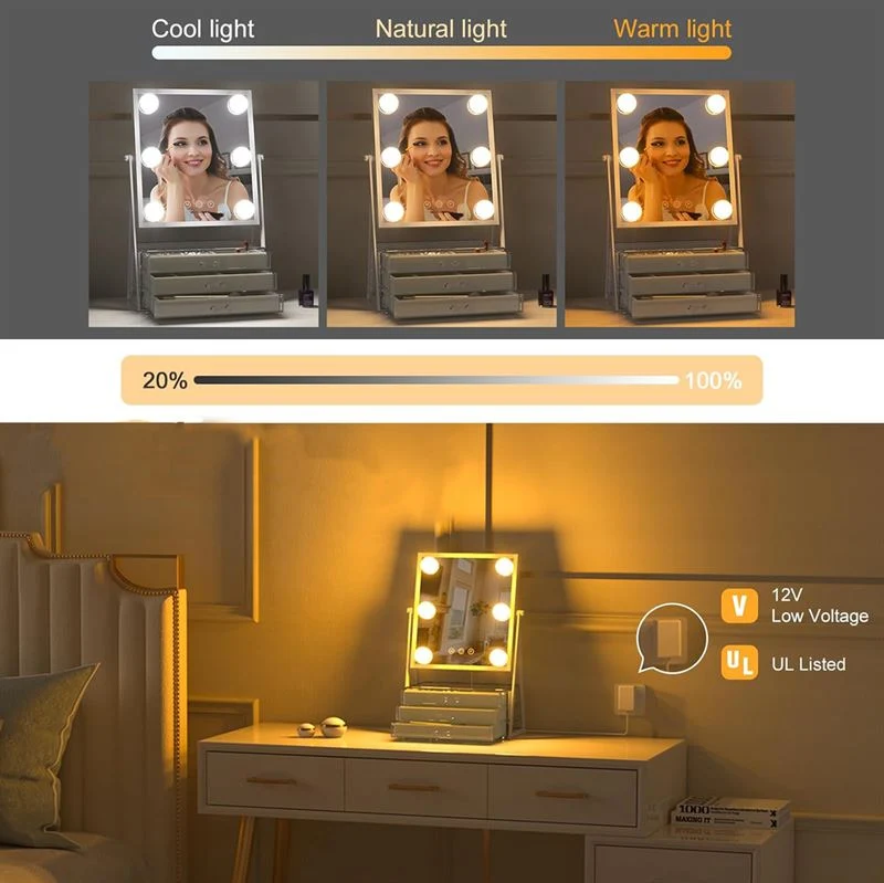 UNIQ Glasgow Kosmetikspiegel mit 6 LED-Lampen und 3 Schmuckschubladen