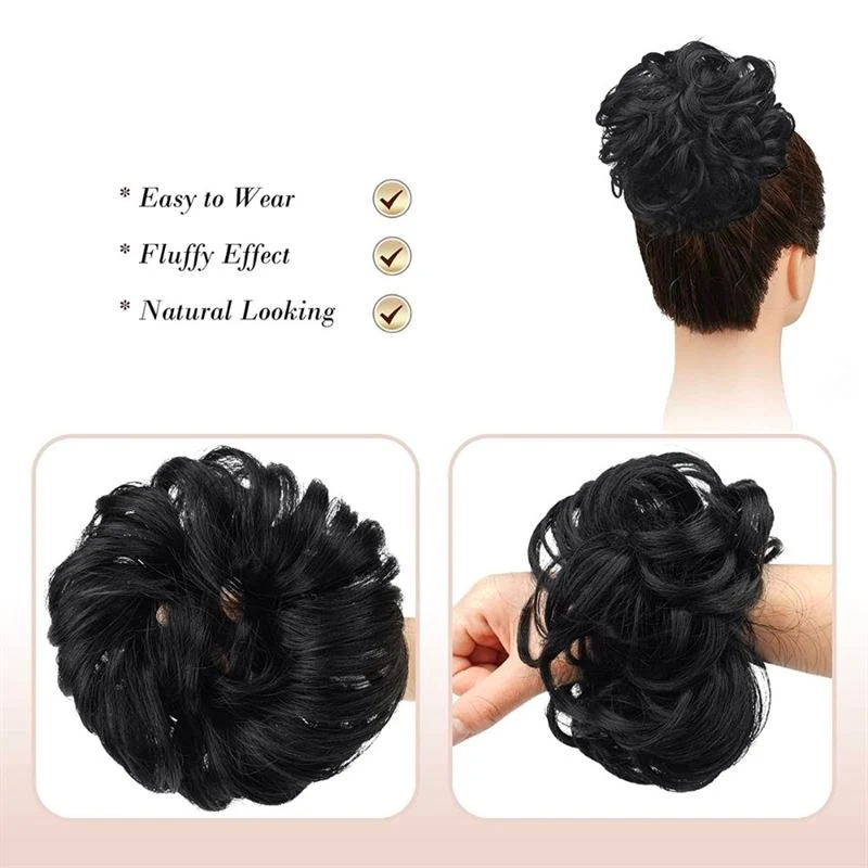 Messy Bun Haargummi mit lockigem Kunsthaar - 1# Jet Black