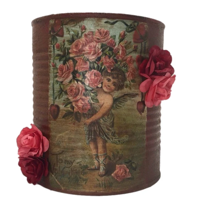 Cupid With Rose Bouquet Valentine's Postcard Tin