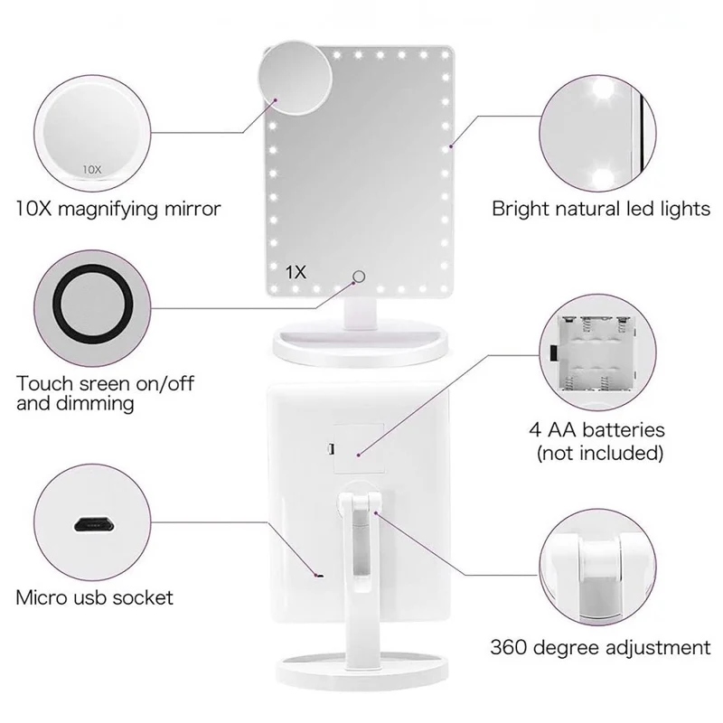 Schminkspiegel mit LED Licht – UNIQ Hollywood – 10X Vergrößerung – Weiß