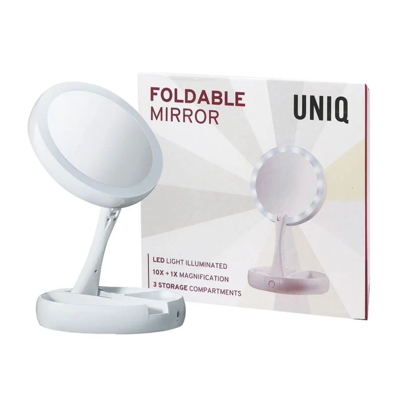 UNIQ Faltbarer Schminkspiegel mit LED-Licht und 10-facher Vergrößerung (Faltbarer Spiegel)