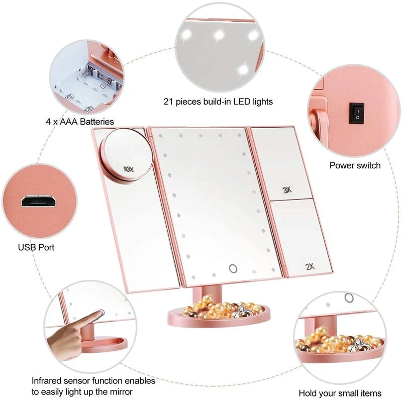 UNIQ Schminkspiegel – Trifold mit LED Licht & 3X Vergrößerung – Roségold