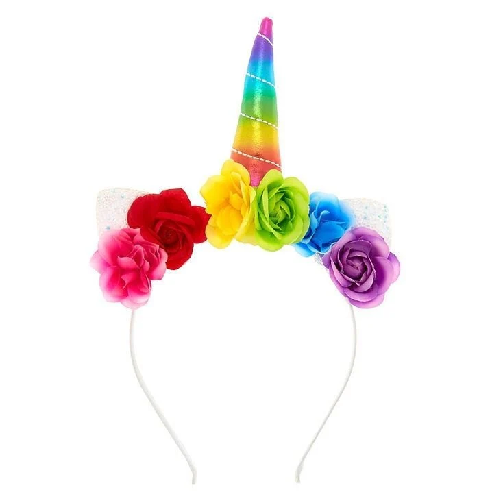 Haarreif Einhorn – Regenbogen mit Glitzer und Blumen