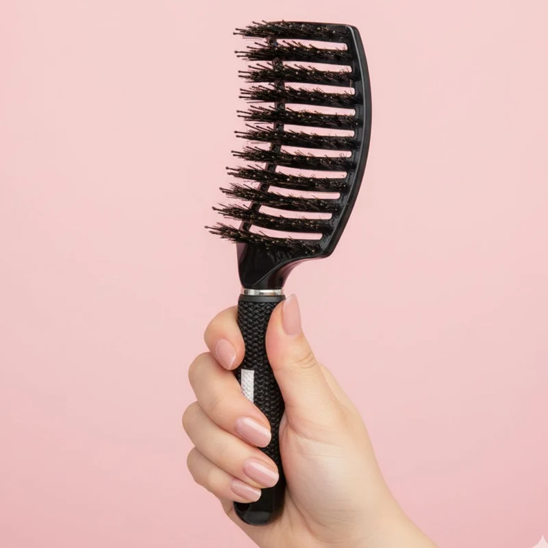 TBC Haarbürste – Curved Paddle Brush mit Wildschweinborsten – Schwarz