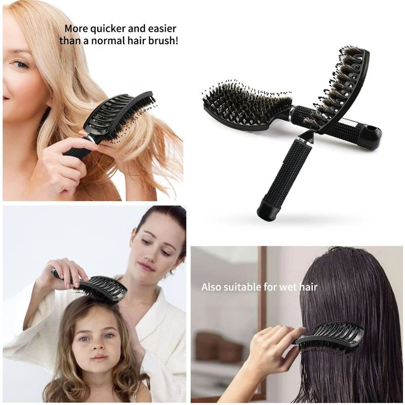 TBC Haarbürste – Curved Paddle Brush mit Wildschweinborsten – Schwarz