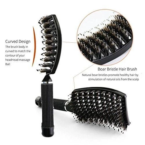 TBC Haarbürste – Curved Paddle Brush mit Wildschweinborsten – Schwarz