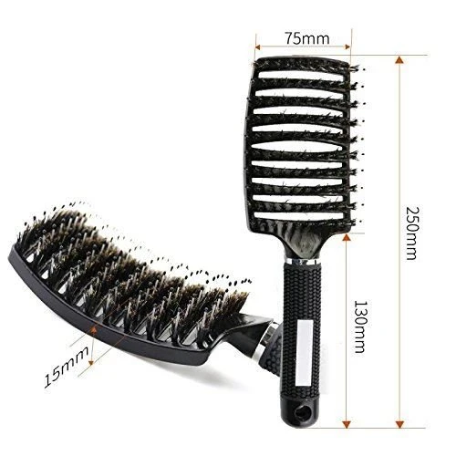 TBC Haarbürste – Curved Paddle Brush mit Wildschweinborsten – Schwarz