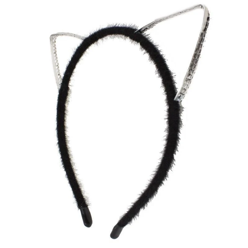 Haarreif mit Katzenohren – Plüsch Schwarz & Strass