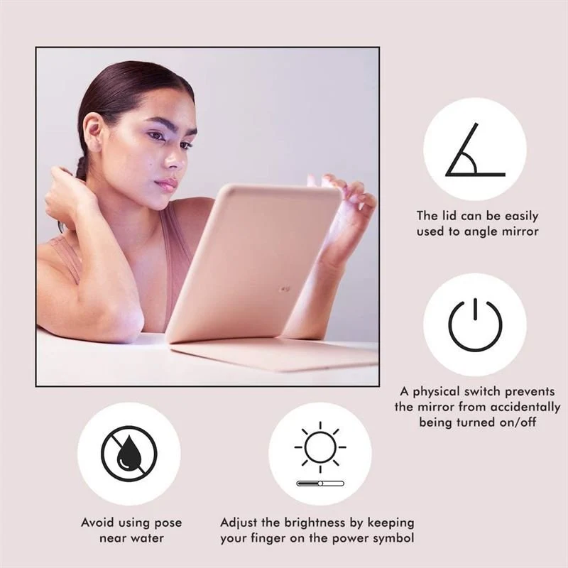 UNIQ Wiederaufladbarer LED-Reise-Schminkspiegel – Rosa | Zusammenklappbarer Kosmetikspiegel, 3 Lichtmodi, USB wiederaufladbar