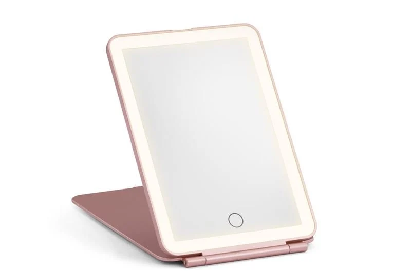 UNIQ Wiederaufladbarer LED-Reise-Schminkspiegel – Rosa | Zusammenklappbarer Kosmetikspiegel, 3 Lichtmodi, USB wiederaufladbar