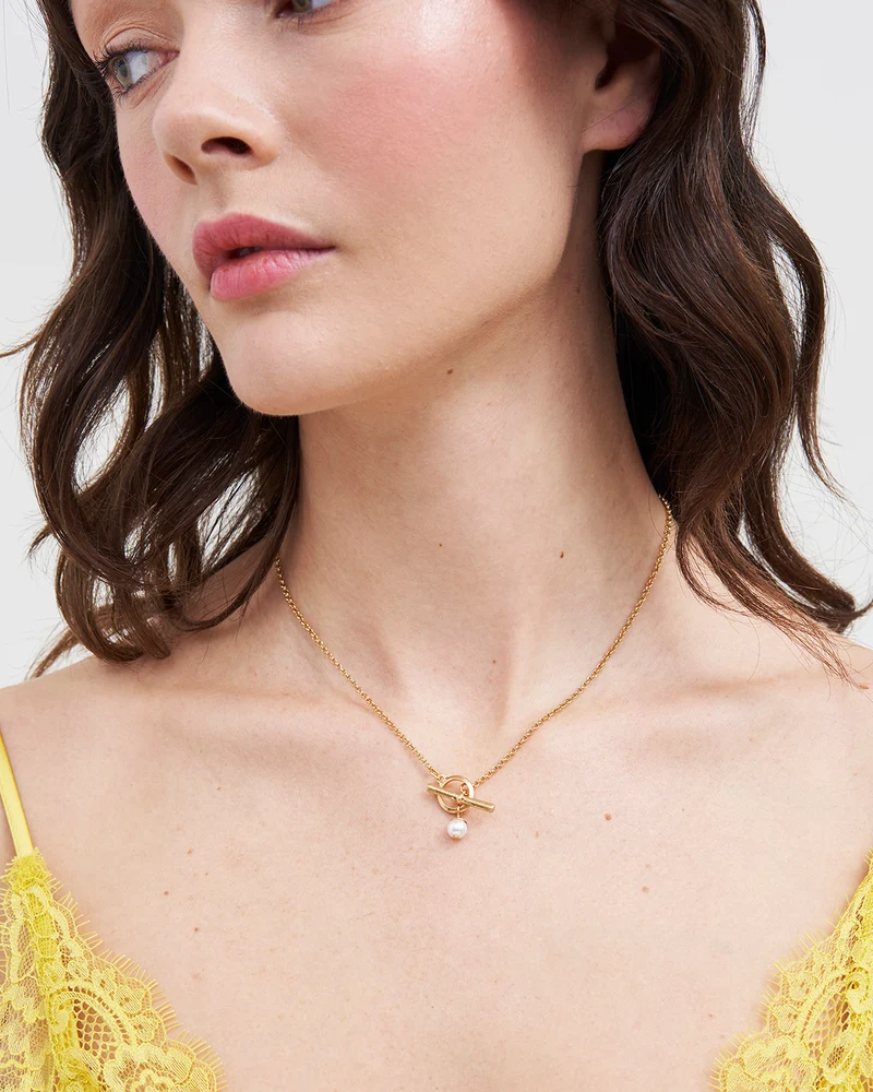 Gold Pearl Toggle Charm Necklace