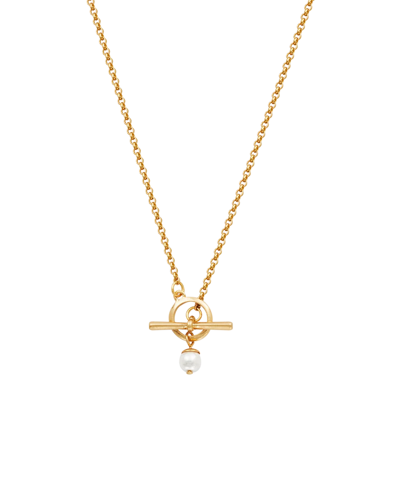 Gold Pearl Toggle Charm Necklace