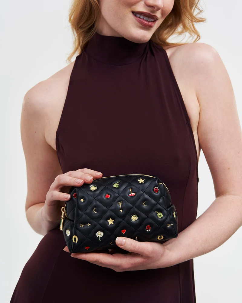 Black Quilted Celestial Embroidered Pouch