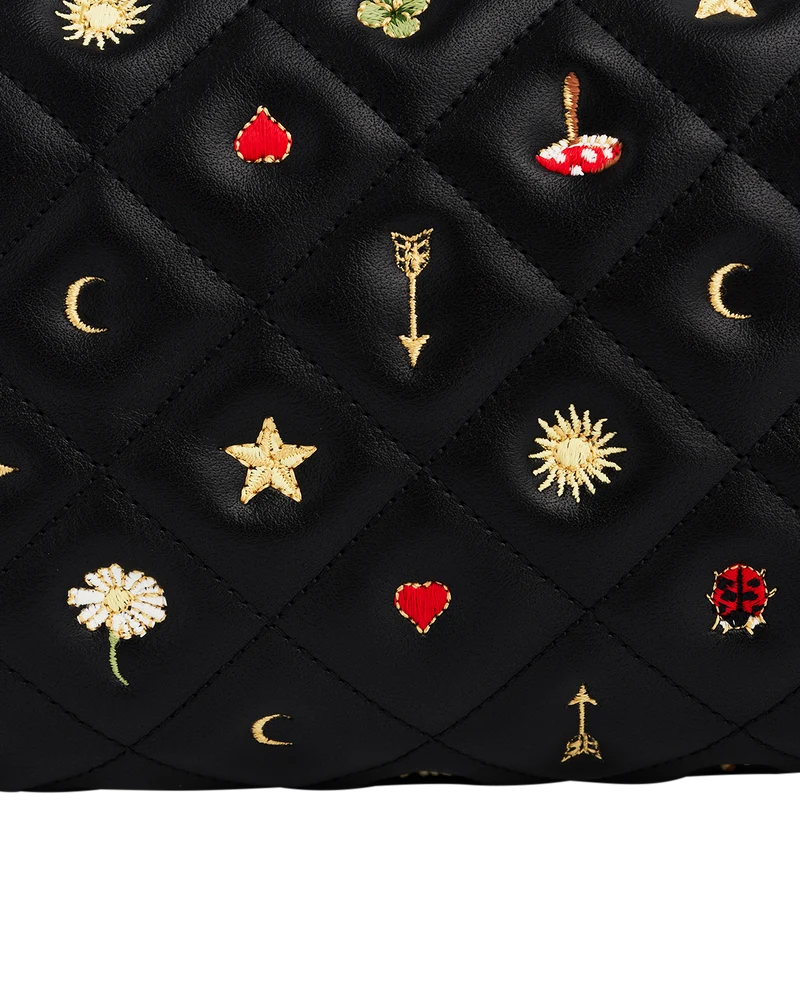 Black Quilted Celestial Embroidered Pouch