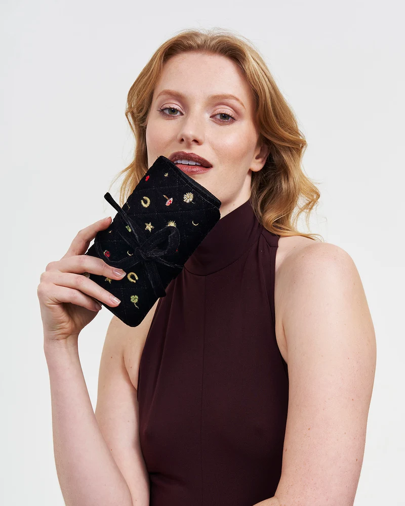 Black Quilted Celestial Velvet Embroidered Jewellery Roll