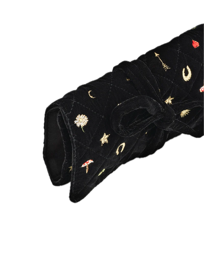 Black Quilted Celestial Velvet Embroidered Jewellery Roll