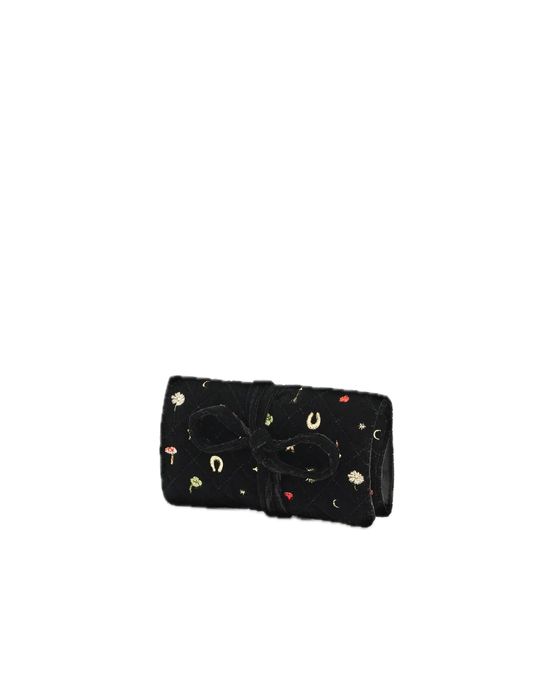 Black Quilted Celestial Velvet Embroidered Jewellery Roll