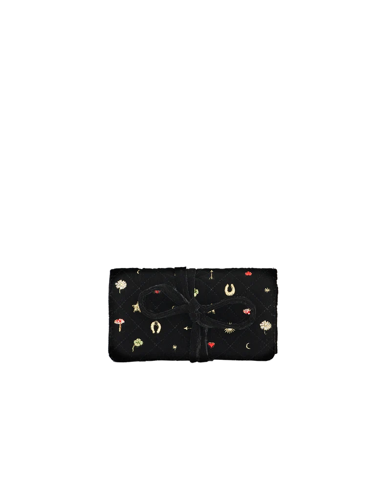 Black Quilted Celestial Velvet Embroidered Jewellery Roll