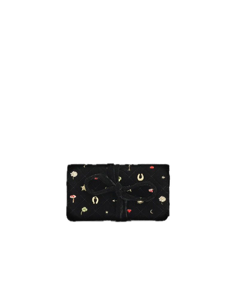 Black Quilted Celestial Velvet Embroidered Jewellery Roll