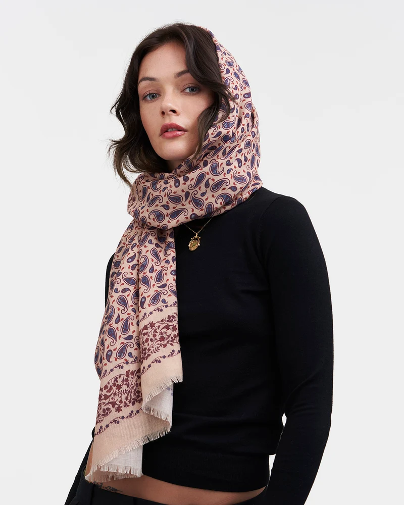 Paisley Folk Square Scarf in Caramel