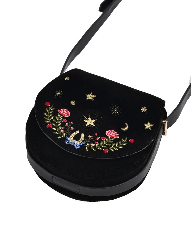 Kate Celestial Embroidered Black Velvet Saddle Bag