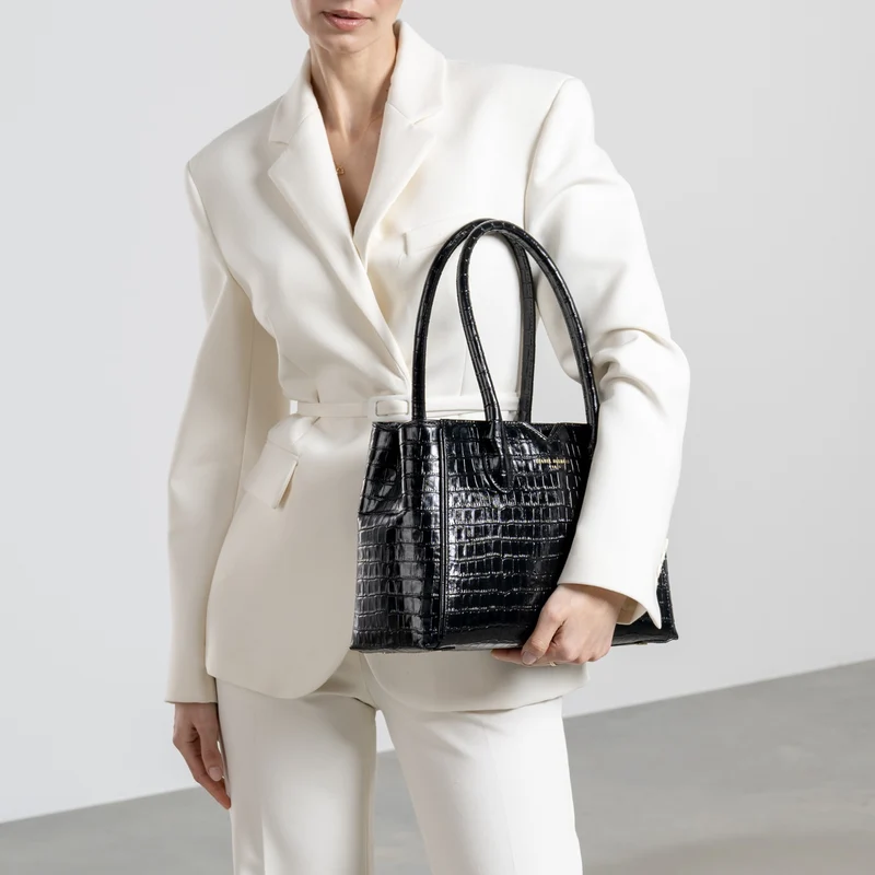 Isabel Bernard Honoré Cloe Midi Kroko Schwarz Kalbsleder Handtasche IB25082-201