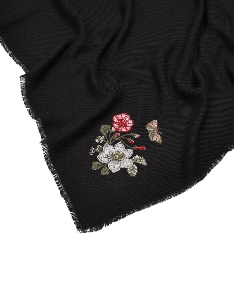 Floral Embroidered Pashmina Scarf in Black