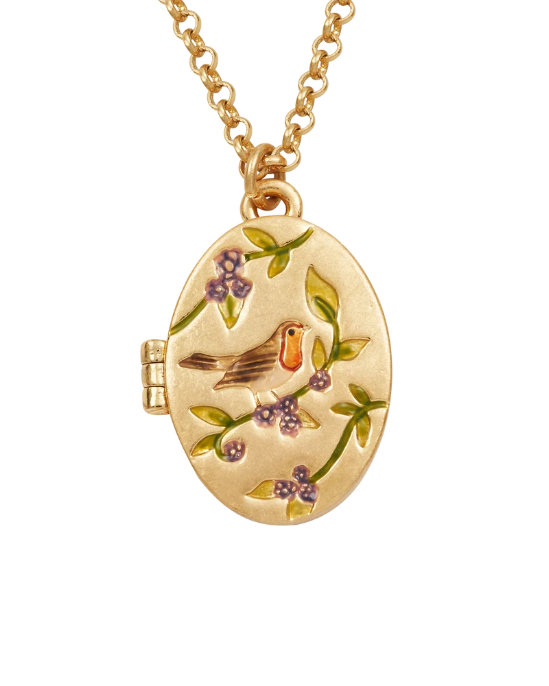 Gold Robin & Blackberry Locket Necklace